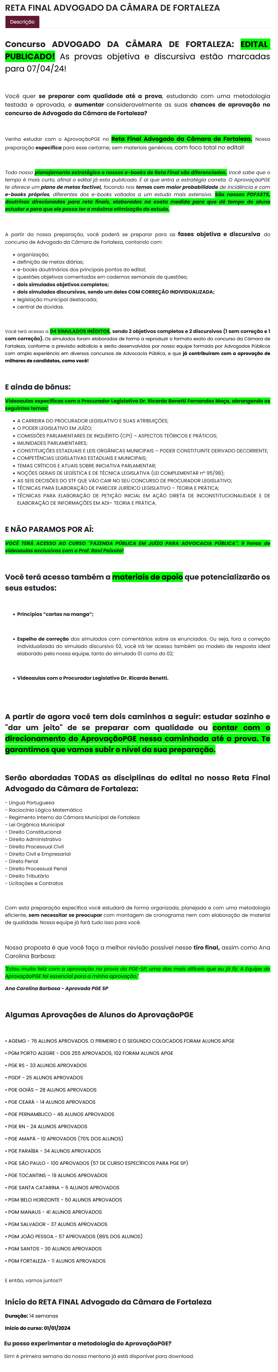 ADVOGADO DA CÂMARA DE FORTALEZA - CE - RETA FINAL PÓS EDITAL - APROVAÇÃO PGE 2024