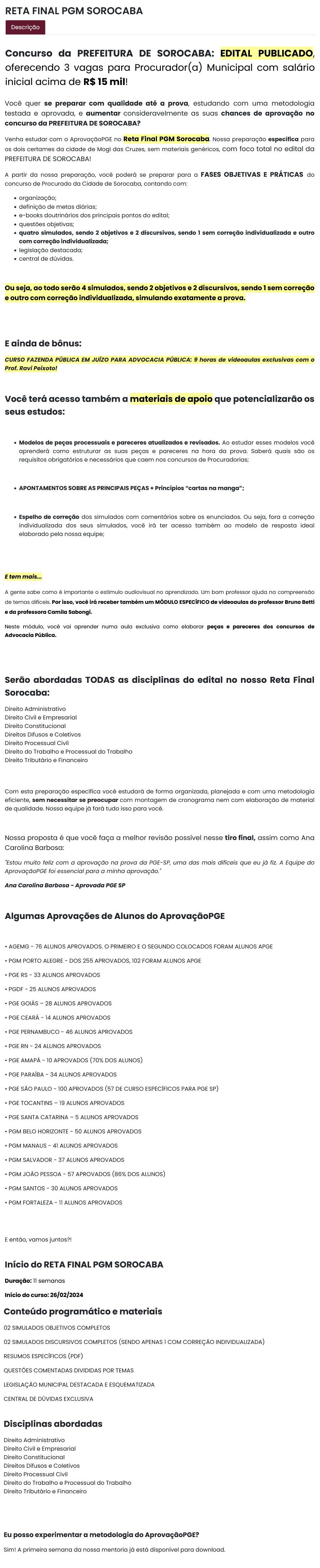  RATEIO PGM - PROCURADOR MUNICIPAL - SOROCABA - SP - RETA FINAL - PÓS EDITAL - APROVAÇÃO PGE 2024