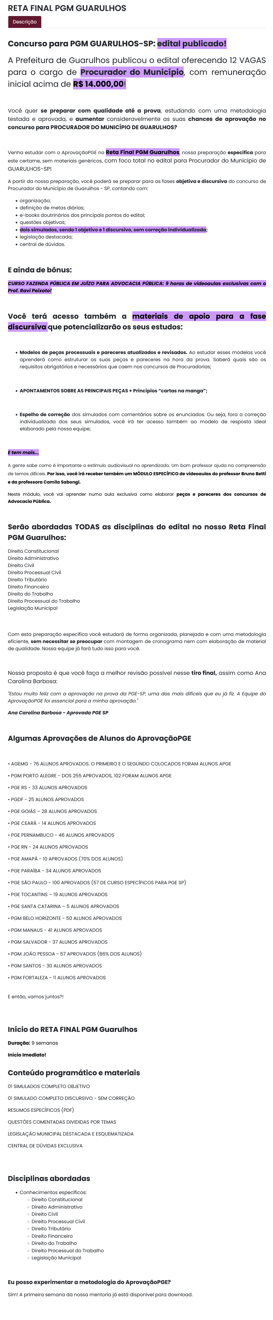 PGM - PROCURADOR MUNICIPAL - GUARULHOS - SP - RETA FINAL - PÓS EDITAL - APROVAÇÃO PGE 2024